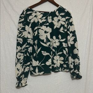 SHEIN Green Floral Long Sleeve Gorgeous Cream Ribbon Tie-Back Blouse
